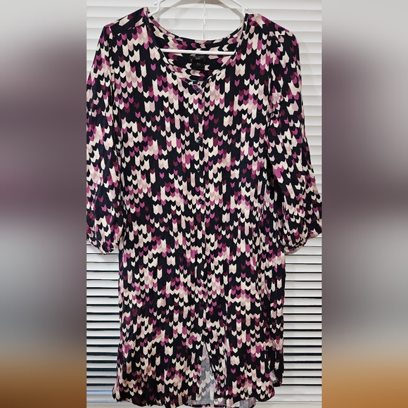 Ann Taylor Factory Dress Medium Pink Blue Geometric 3/4 Sleeve Shift Knee - Picture 5 of 5